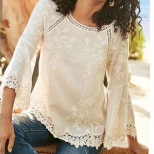 SOFT SURROUNDINGS Top Tunic peasant shirt cream crocheted lace embroidered XS